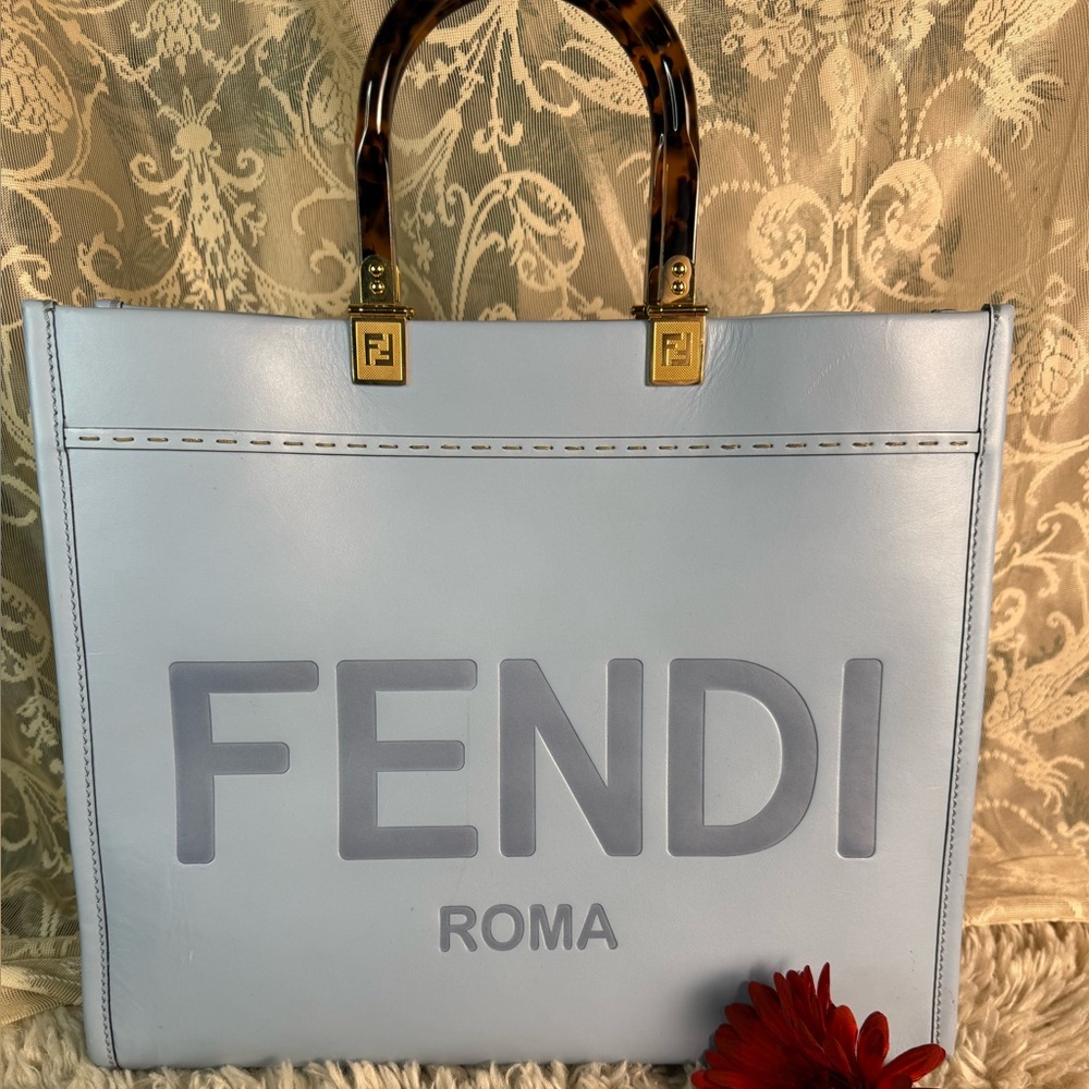 Fendi Sky Blue Sunshine Medium Tote with Tortoiseshell Accents
